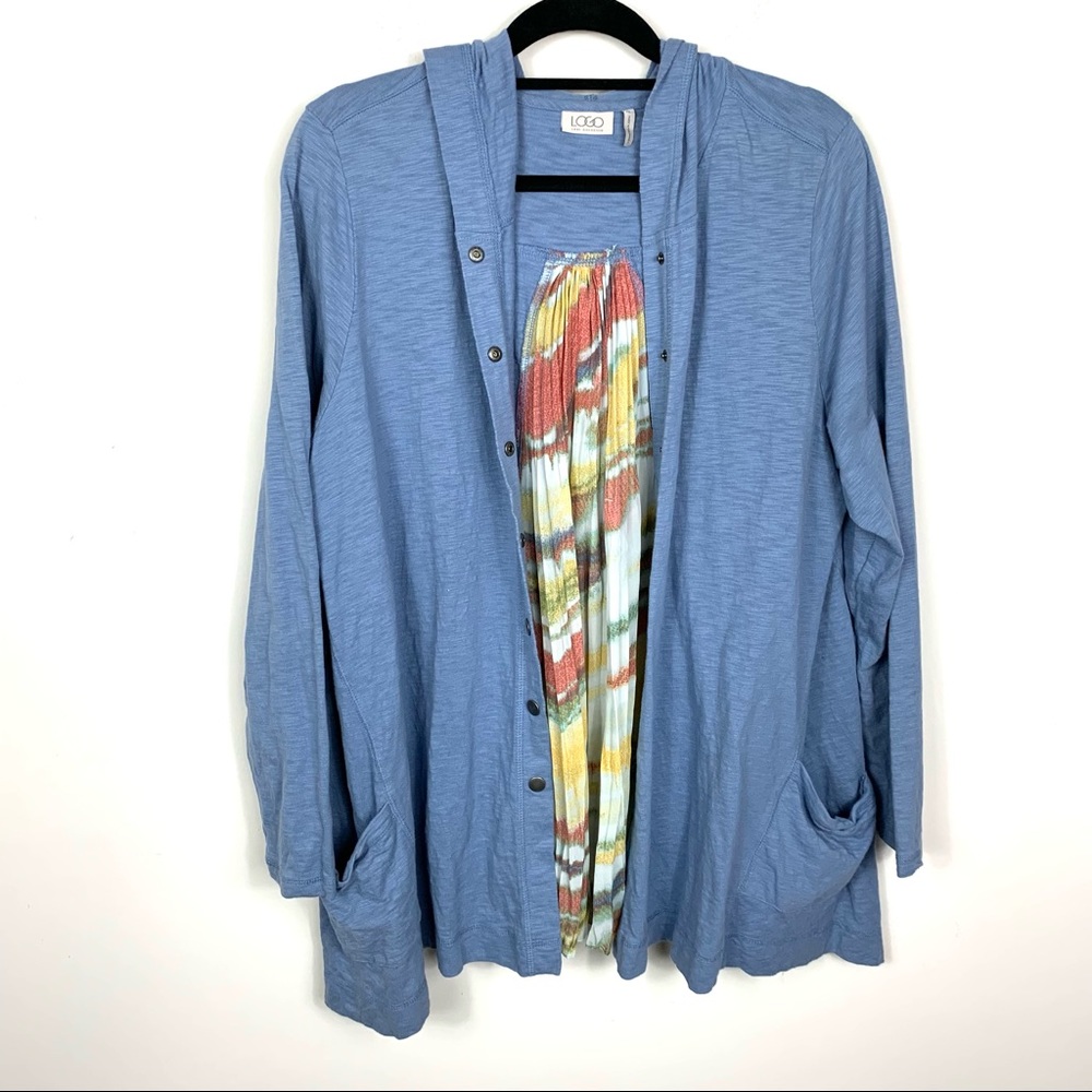 Logo Lori Goldstein Women’s Cardigan‎ XL Blue Snap Front Pickets Cotton Casual
